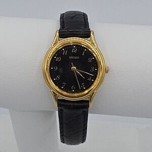 Vintage Seiko Gold Tone Quartz Watch Black Dial Leather Strap New Battery